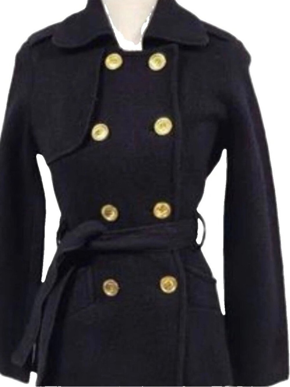 SANDRO Black 100% Wool Double Breasted Gold Button Peacoat Sz L - Picture 3 of 11